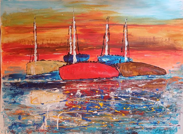 Original Beach Painting by Guerry Christiane  Contemporary Art on Paper  BOATS ON THE SEA