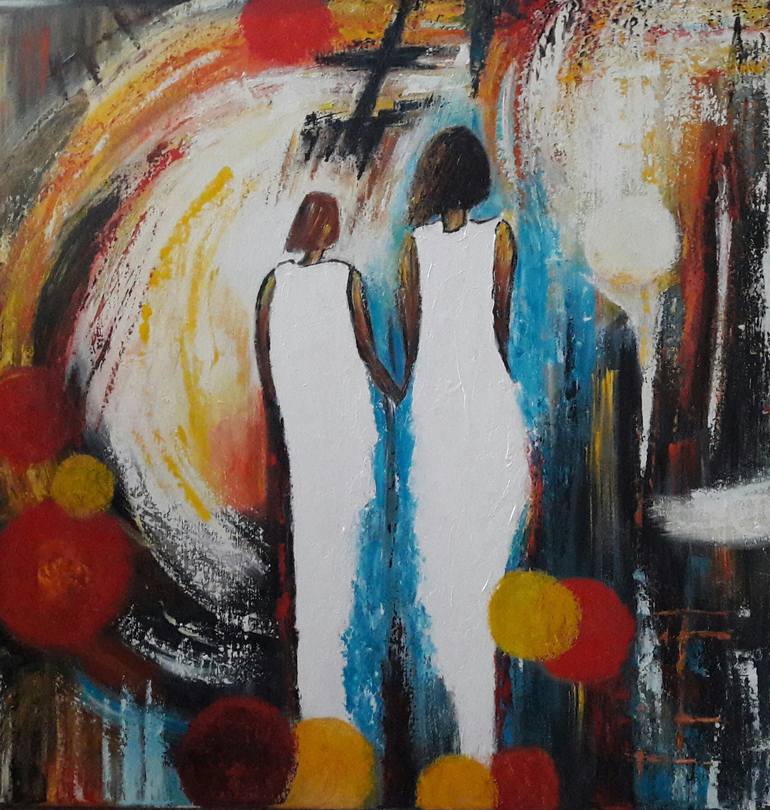 Original Family Painting by Guerry Christiane  Art Deco Art on Canvas  THE GIRLS