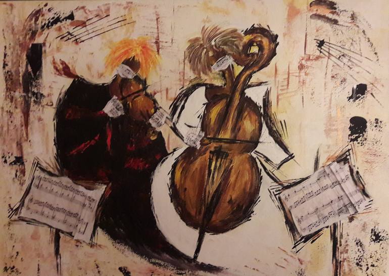 Original Music Painting by Guerry Christiane  Conceptual Art on Canvas  MUSICIENNES EN TEMPS DE COVID