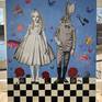 30x40 Storytelling of Alice in Wonderland mixed media collage, heavily textured mixture of  papers acrylic paint, and plaster.