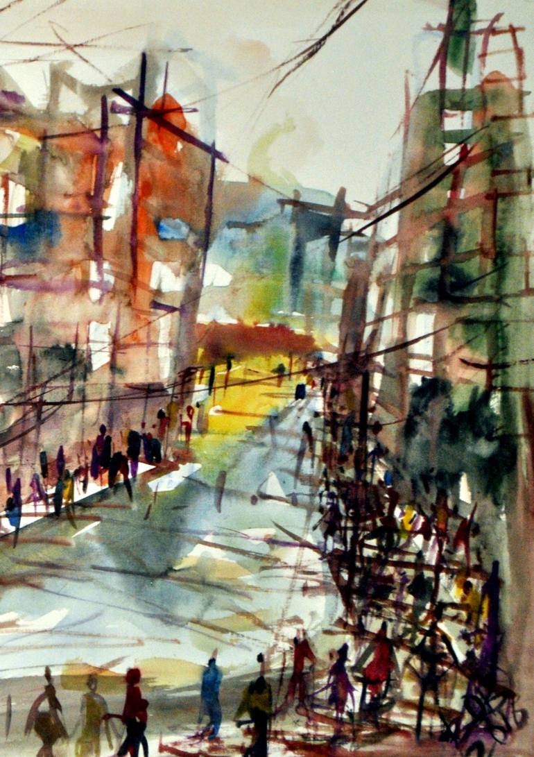 Original Expressionism Cities Painting by Bob Usoroh