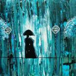 (Sold) Large Original Surreal Painting Love in the Teal Rain 18