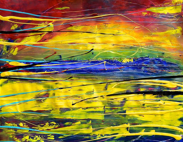 Original Nature Painting by Agnieszka Kukawska | Abstract Expressionism Art on Paper | "Sun Setting over the Lake"