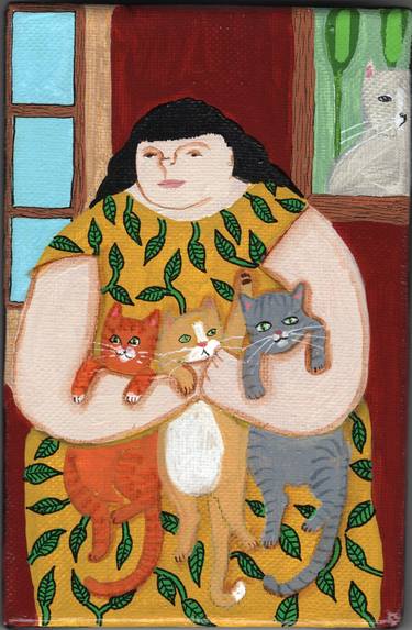 Woman With Three Cats Original Painting 4x6 canvas thumb