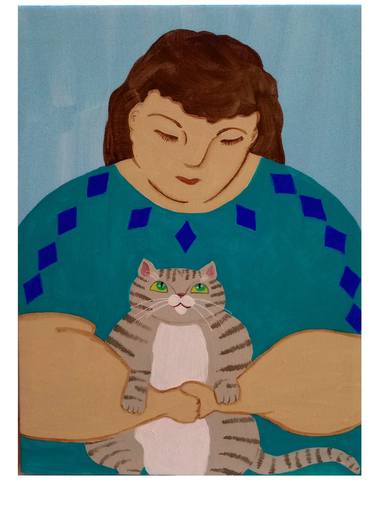 Woman Holding a Gray Tabby Cat 9x12 canvas original painting thumb