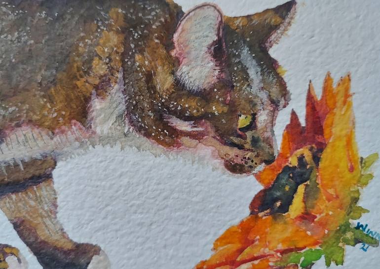 Cat Smelling Sunflower - Print