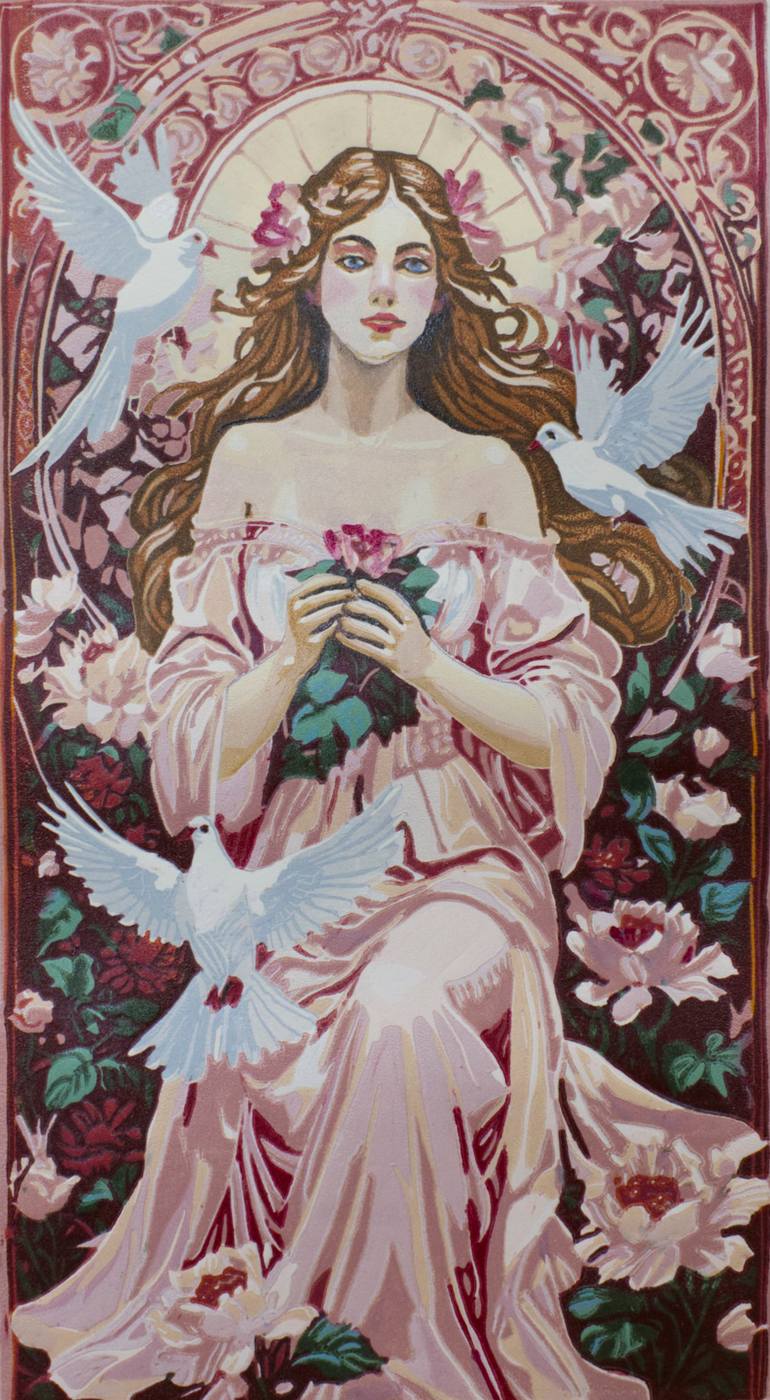 Original Women Printmaking by Jennie Smallenbroek | Art Nouveau Art on Paper | Guardian of the Light