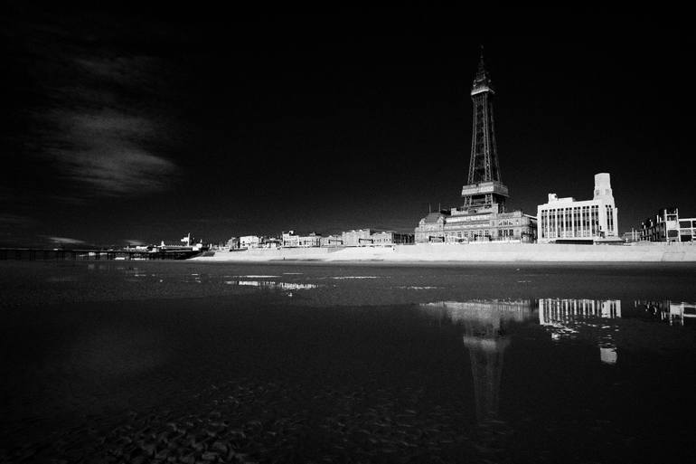 reflection of Blackpool tower and seafront promenade in pool on the beach lancashire england - Print
