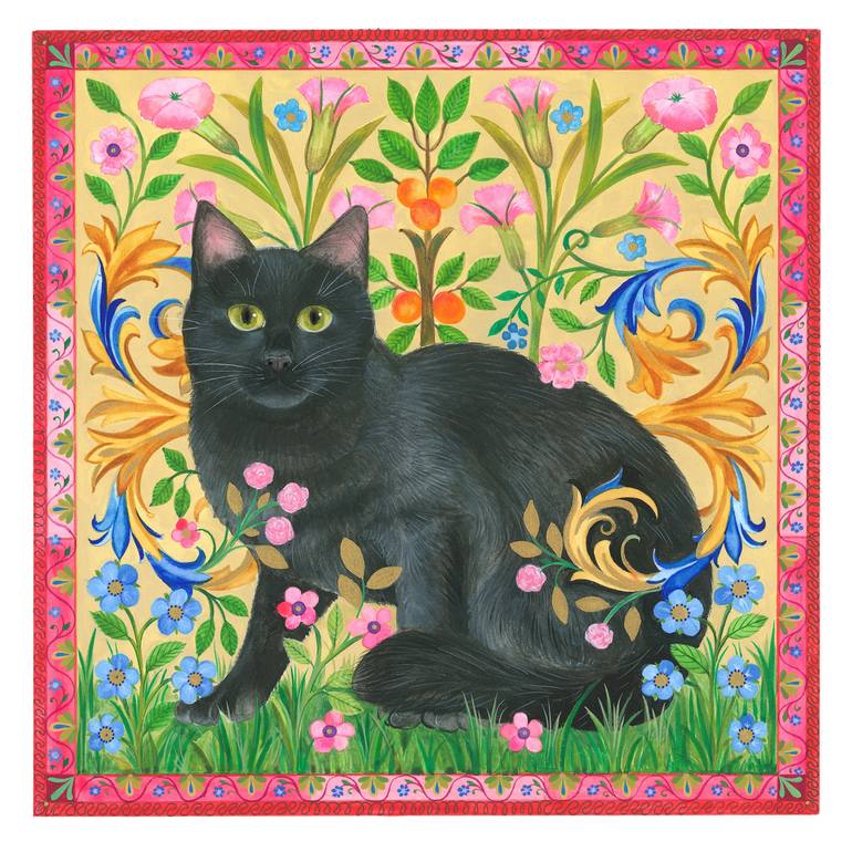 Original Cats Painting by Isabelle Brent | Contemporary Art on Paper | Black Cat and Pink Florals