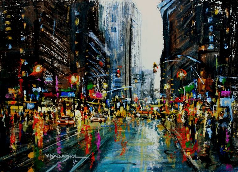 New York City In Rain Painting By Vishalandra M Dakur Saatchi Art