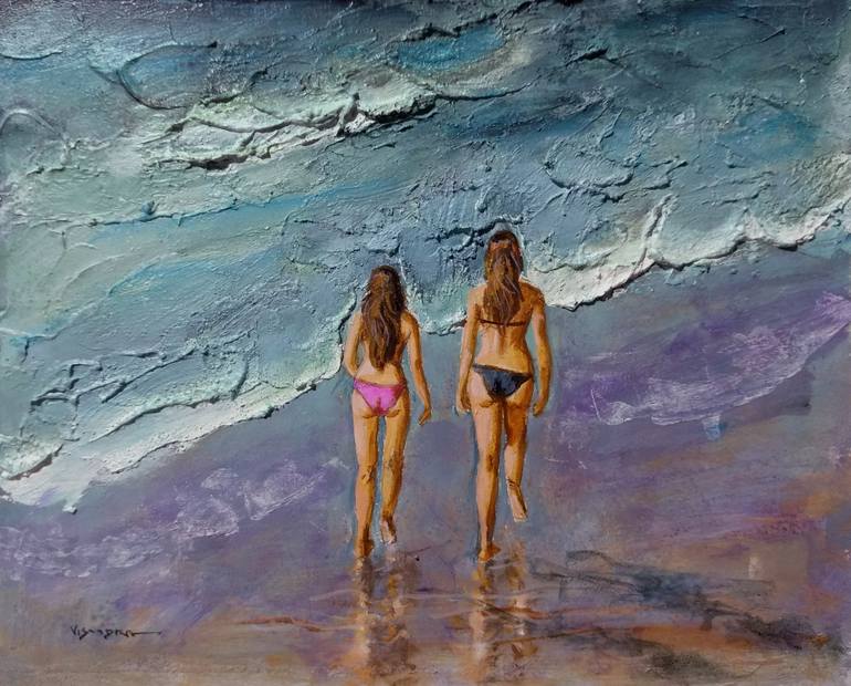 Beach Girls Painting by Vishalandra M Dakur | Saatchi Art Peru