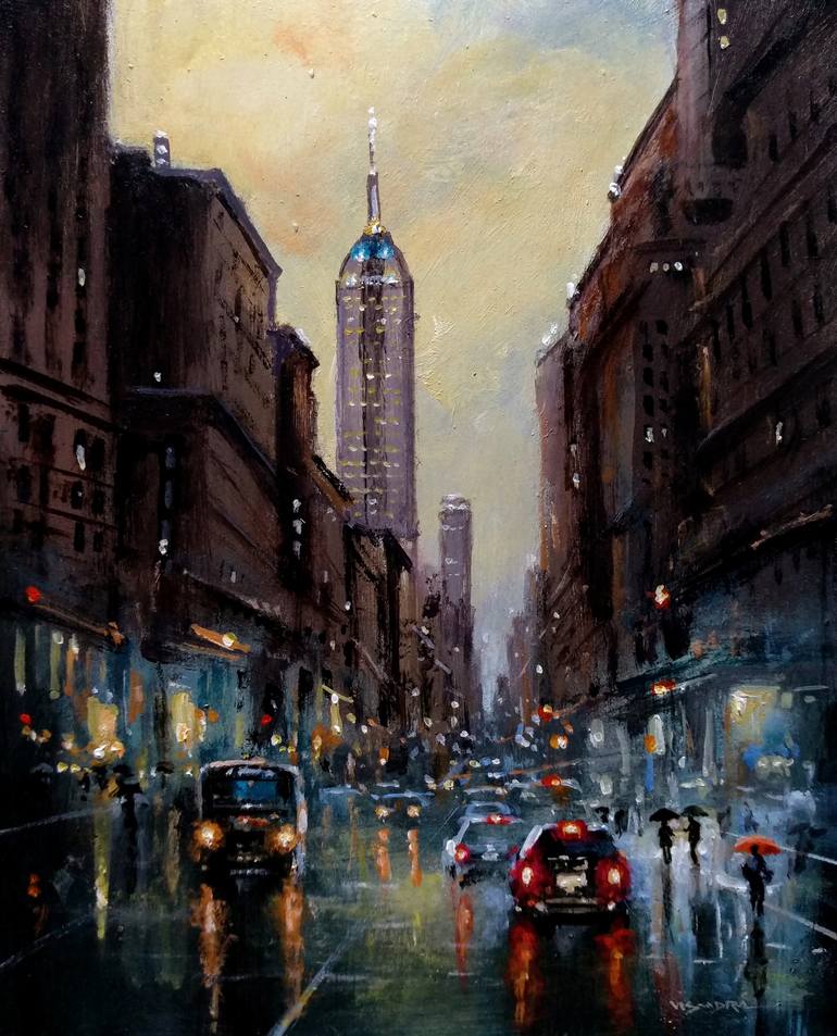 New York City in rainy nights Painting by vishalandra m dakur