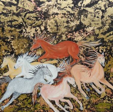 Wild Mustangs with Gold Leaves thumb