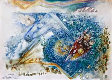 THE SEA OF KARLOBASI IS A BLUE ROAD , AND POSEIDON 2017 34X46 (watercolor) – Η ΘΑΛΑΣΣΑ ΤΟΥ ΚΑΡΛΟΒΑΣΟΥ ΔΡΟΜΟΣ ΚΥΑΝΟΣ ΚΙ' Ο ΠΟΣΕΙΔΩΝΑΣ 2017 34Χ46  (ὑδατογραφία) thumb