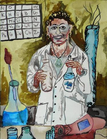 Scientist with a chemical table thumb