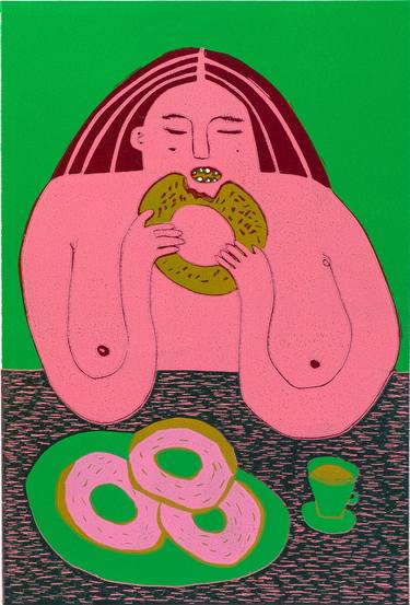 Doughnuts, a reduction linocut. - Limited Edition of 19 thumb