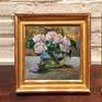 Roses in a vase. Oil on canvas. 12x13 inches. Semi classical style. Triple gesso primed canvas with textured oil finish. Ideal for any wall color. Unframed. As with all my oil paintings, I use the highest quality branded oil pigments. Gallery sealed with high quality french varnish. Unframed but hangable.