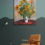Bouquet of Sunflowers was inspired from Claude Monet's painting. It is a very vibrant painting displaying the colors of sunflowers in a white vase over a red carpet. Ideal to be displayed in any room of your house.