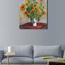 Bouquet of Sunflowers was inspired from Claude Monet's painting. It is a very vibrant painting displaying the colors of sunflowers in a white vase over a red carpet. Ideal to be displayed in any room of your house.