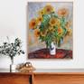 Bouquet of Sunflowers was inspired from Claude Monet's painting. It is a very vibrant painting displaying the colors of sunflowers in a white vase over a red carpet. Ideal to be displayed in any room of your house.