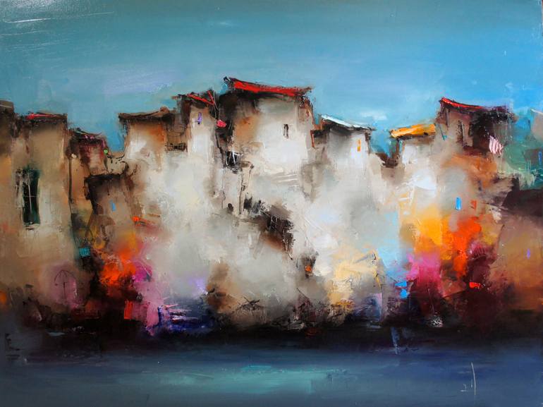 Original Architecture Painting by Stanislav Lazarov  Color Field Painting Art on Canvas  Time overlay