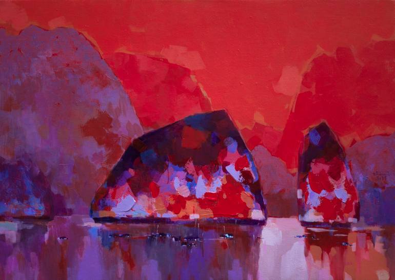 Original Beach Painting by Khanh The Bui | Art Deco Art on Canvas | Quiet Sunset