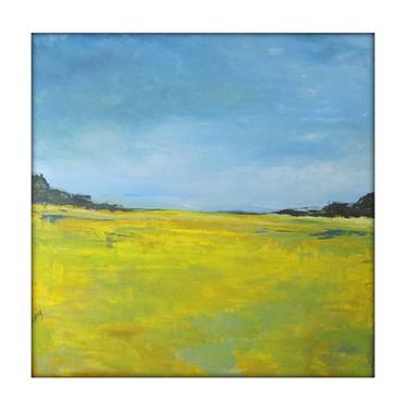 Abstract Landscape Modern Minimalist Acrylic Painting on Canvas - 40x40 Yellow,,Greens, Blues. thumb