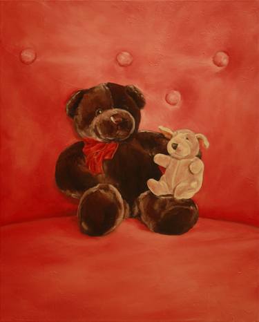 Teddy bears on red sofa thumb