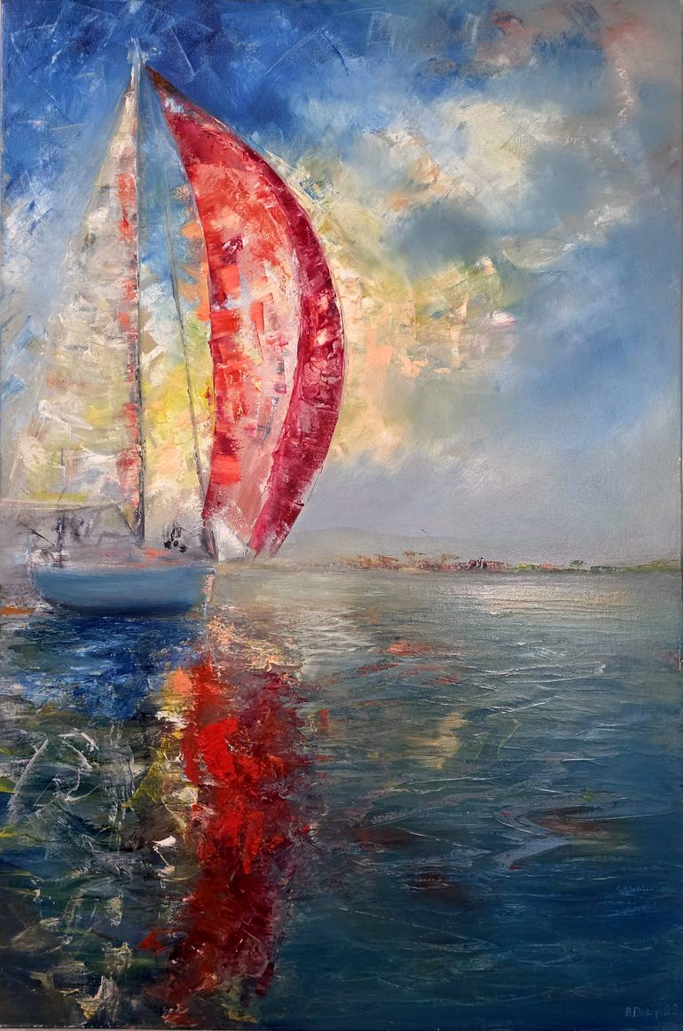 Original Seascape Painting by Boris Deriy | Expressionism Art on Canvas | SAILING INTO THE SUNSET