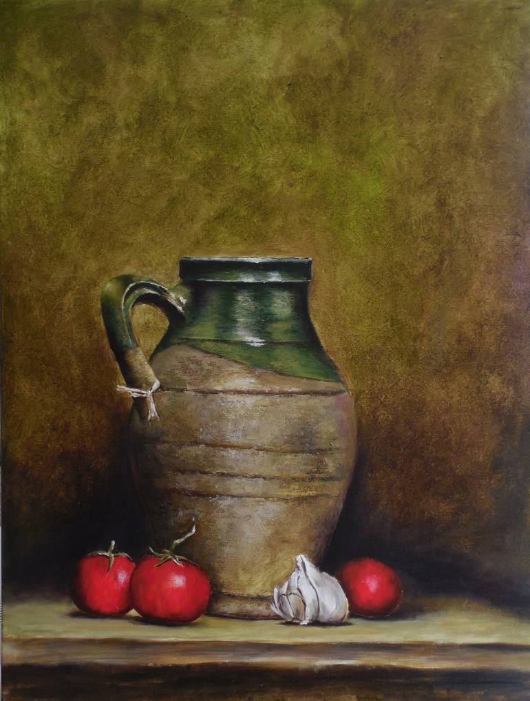 Clay jug and tomatoes. Painting by Tatiana Siedlova | Saatchi Art