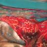 Smiling woman underwater with red swimming suite.
Is part of a series called "mediterreanean mermaids" that was exposed in a Barcelona gallery in 2013.
Signed on the reverse, oil on canvas.
Professionally and safely packed for delivery.