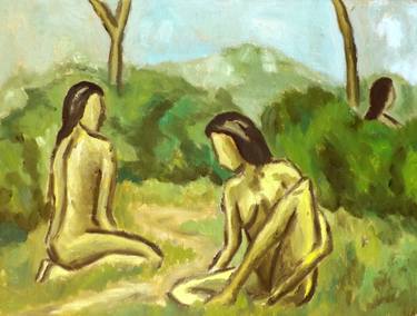 THREE GIRLS IN THE WOODS (Series on Expressionism, oil painting on canvas with artist-made preparations) thumb