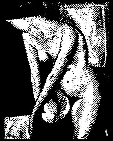 Xylography, black and white, NUDE WITH STOCKING (Series on Expressionism and Espressionist black and white woodcut) thumb