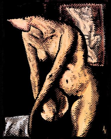 Xylography, color, NUDE WITH STOCKING (Series on Expressionism and Espressionist colored woodcut) thumb