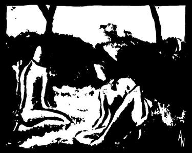 Xylography, black and white, THREE GIRLS IN THE WOODS (Series on Expressionism and Espressionist black and white woodcut) thumb