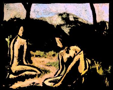 Xylography, color, THREE GIRLS IN THE WOODS (Series on Expressionism and Espressionist color woodcut) thumb