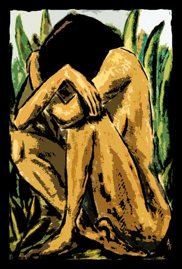 Xylography, color, GIRL IN THE GREEN GRASS (Series on Expressionism and Espressionist color woodcut) thumb