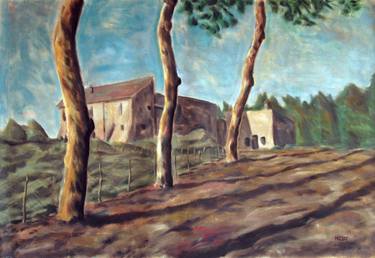 ITALIAN RURAL LIFE: FARMERHOUSE, GREEN CORNFIELD, PINES, STREET #025 - Italian and roman countryside landscapes, oil on canvas series thumb