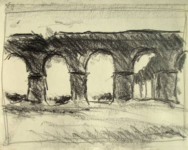 Italian Landscape: ancient roman aqueduct in Rome #01 (Series Landscape Ink, Graphite, Pencil, Charcoal Drawing) thumb