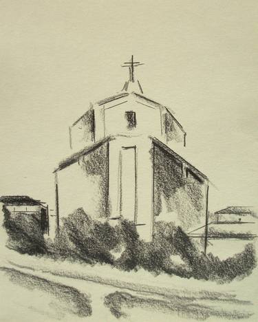 Italian Landscapes: church in the Roman countryside, near the ancient aqueducts #06 (Series Landscape Ink, Graphite, Pencil, Charcoal Drawing) thumb