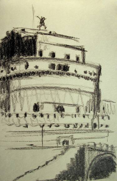Rome cityscape: Castle of the Holy Angel (Castel Sant'Angelo) #012 - (Series Landscape Ink, Graphite, Pencil, Charcoal Drawing) thumb
