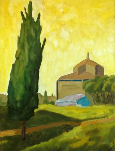 Landscape with cypress and church in the italian countryside - Yellow Paintings series, 2001 thumb