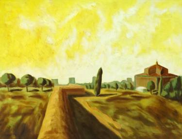 Ancient aqueduct, pines, cypress, church, Italian landscape - Yellow Paintings series, 2001 thumb