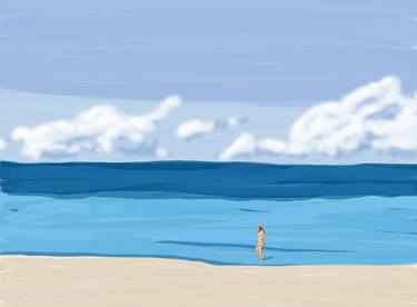 Summer: girl walking on solitary beach - Painting, digital color on paper thumb
