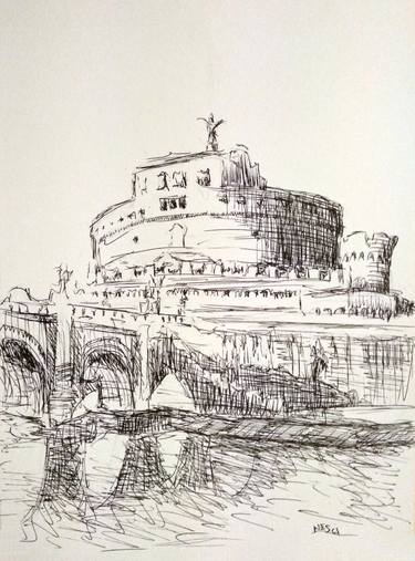 Rome cityscape: Castle of the Holy Angel (Castel Sant'Angelo) #014 - (Series Landscape Ink, Graphite, Pencil, Charcoal Drawing) thumb