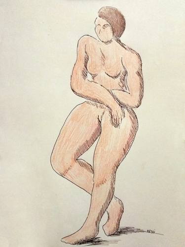 Young erotic nude girl - Figurative drawing pastel and ink thumb