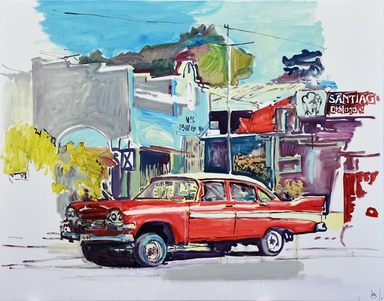 Download Red Car In Santiago Painting By Agnes Lorincz Saatchi Art