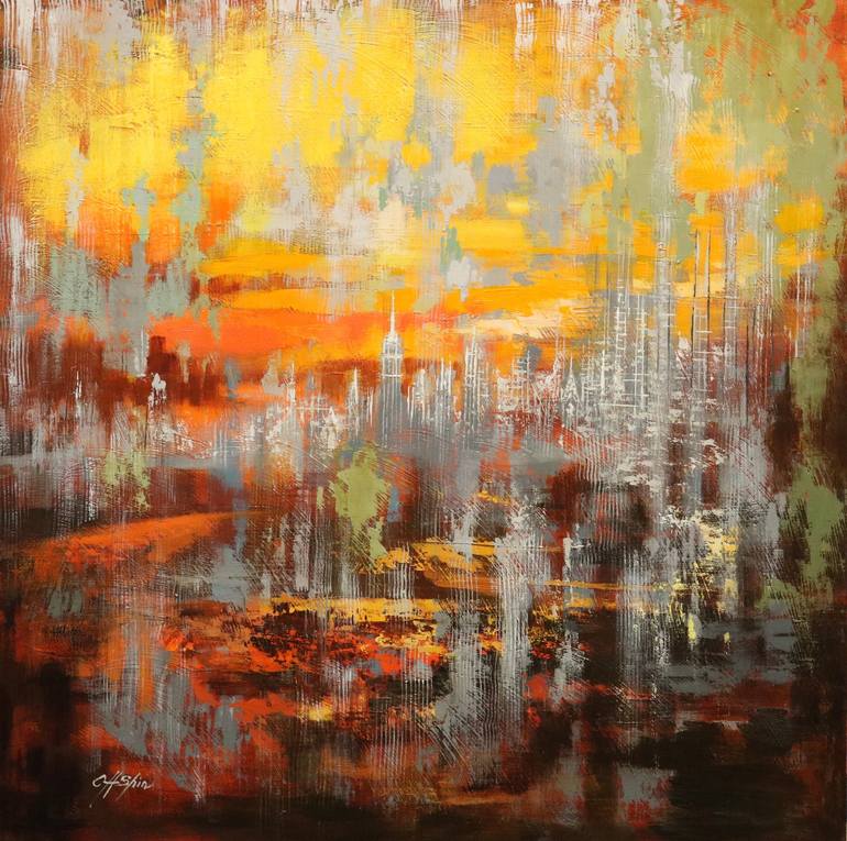 A Glimpse of Sunset in New York Painting by Chin h Shin | Saatchi Art