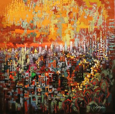 Original Abstract Cities Paintings by Chin h Shin