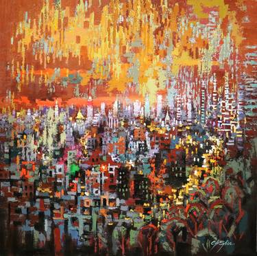 Original Abstract Cities Paintings by Chin h Shin